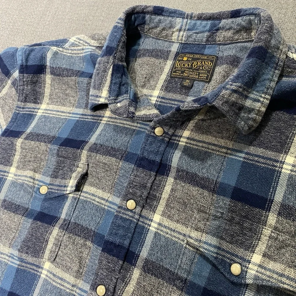 Lucky Brand Flannel Western‎ Pearl Snaps Shirt Blue Gray Plaid Mens Size XL